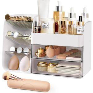 Makeup Organizer Countertop for Vanity, Cosmetic Organizer with Travel Makeup Brush Holder, Skincare Organizer & Storage with Drawers for Bathroom, Beauty Essentials, Eyeshadow, Lotions (White)