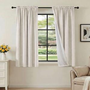 H.VERSAILTEX Linen Look 100% Blackout Curtains 45 Inches Long for Bedroom Full Light Blocking Rod Pocket 42 Inches Wide Linen Textured Thick Window Curtain Drapes with White Backing, Ivory, 2 Panels