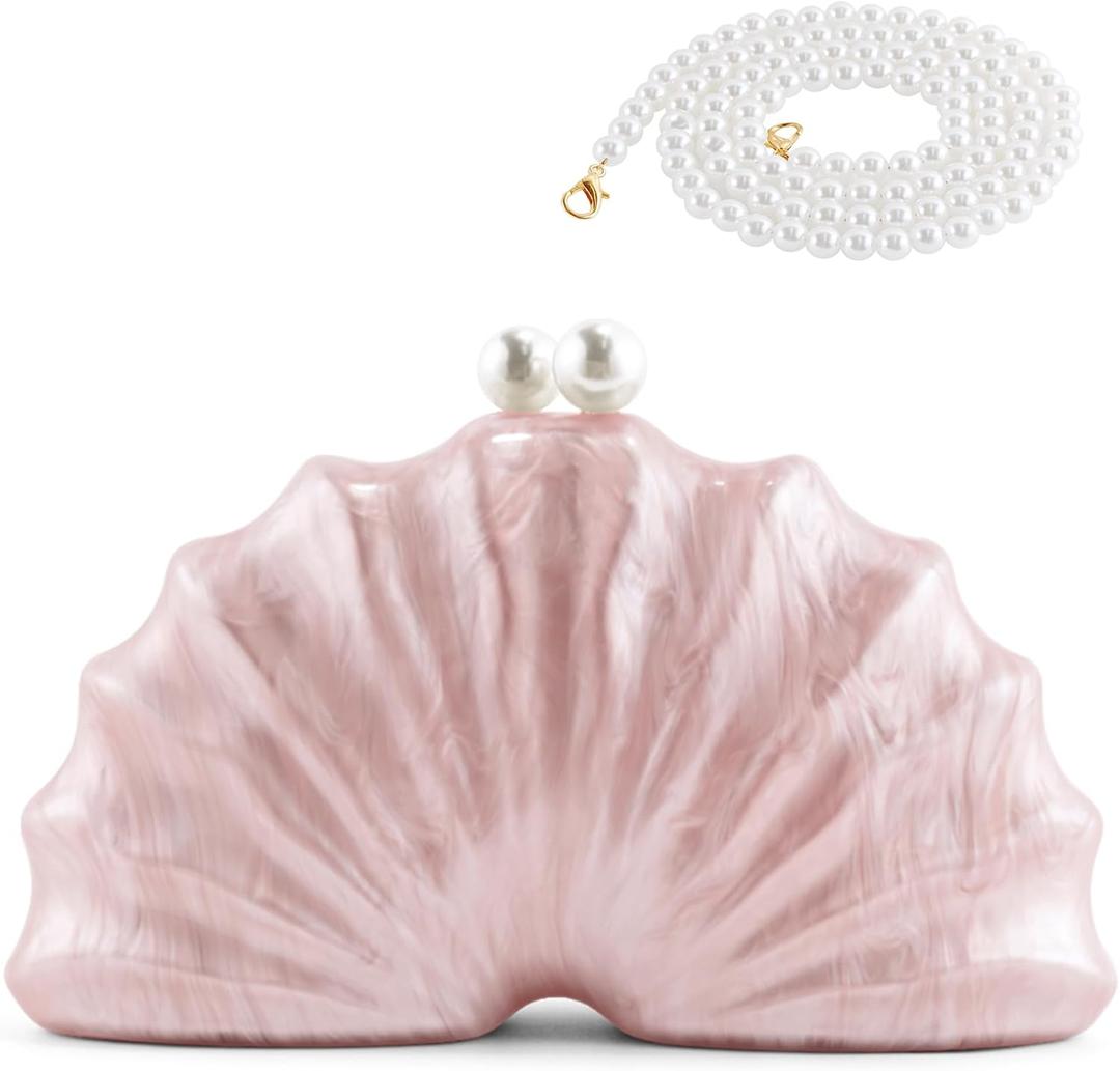 Women Acrylic Shell Shaped Clutch Luxury Marble Acrylic Chain Shoulder Bag Wedding Party Purses (Cherry Blossom Pink)