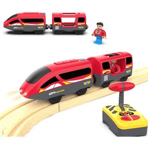 Remote Control Train for Wooden Track Battery Operated Locomotive with Opening Door, Action Figure, Lights & Sounds, Powerful Engine Compatible with Thomas & Brio, Gift for Toddlers 3+