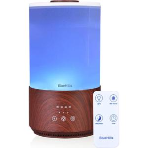 BlueHills Premium 4000 ml Tall Essential Oil Diffuser 4L 4 Liter 50 Hour Run with Remote Timer Aroma Humidifier 1 Gallon Big Capacity High Mist Output for Large Room Lights Dark Wood Grain XL T402