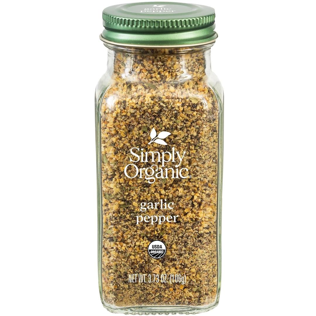 Simply Organic Garlic Pepper, 3.73 Ounce Jar, Blended with Pepper Sea Salt and Onion for Robust Flavor to any Dish (EXP 11/01/27)