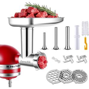 FavorKit Stainless Steel Food Grinder Attachment for KitchenAid Mixers, Dishwasher Safe Meat Processor Aceesory Included 3 Sausage Stuffer Tubes