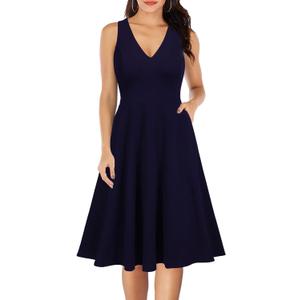 WOOSEA Women's Sleeveless V Neck Vintage Pockets Swing Business Church Dress Navy Blue, Size: S