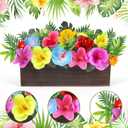 Hawaiian Table Centerpieces Artificial Hibiscus Flowers Arrangements Wooden Crate, Wooden Planter with Tropical Palm Leaves for Summer Beach Tiered Tray Shelf Table Home Aloha Luau Party Decor