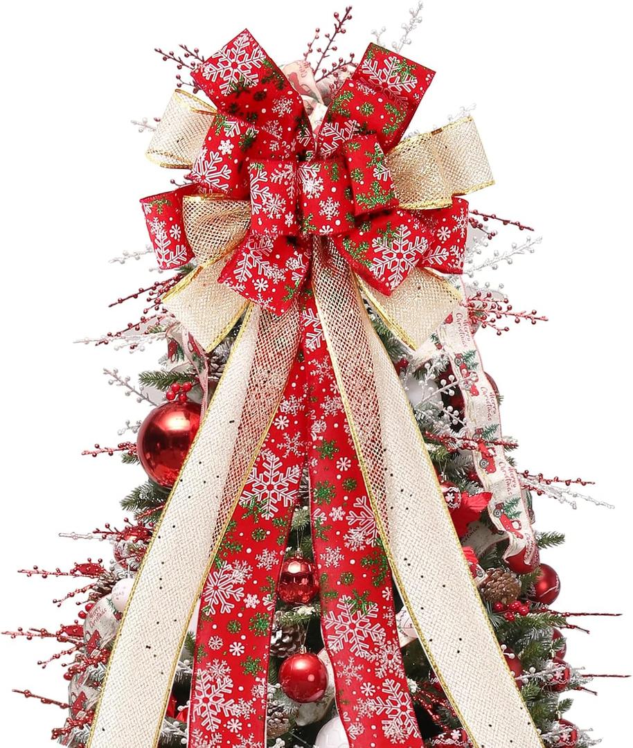Christmas Tree Topper Bow, 44X12 Inch Artificial Xmas Tree Flower Topper Decor, for Family, Wedding, Birthday Party, Indoor Outdoor Thanksgiving Christmas Decoration - Red/Gold/Snowflake.
