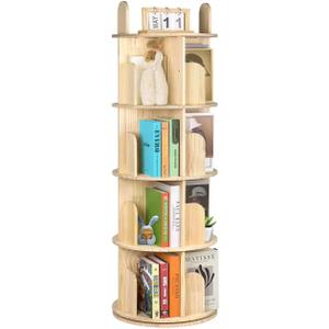 Kryonix Rotating Bookshelf, Solid Pine Wood Spinning Bookshelf Tower 4 Tier, 360° Revolving Bookcase for Kids, Multi-Functiona Corner Round Turning Book Shelf Organizer for Small Spaces
