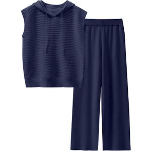 Caracilia Women 2 Piece Outfits Summer Sleeveless Tops Knit Pants Sweater Lounge Matching Sets Navy Blue Small