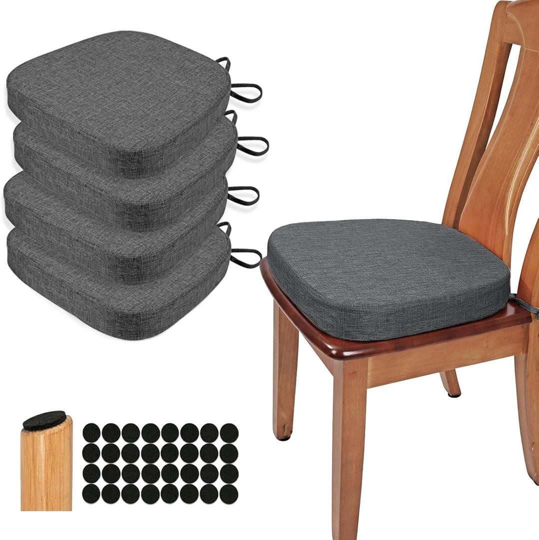 BUYUE Thickened 2.5" Dining Chair Cushions Set of 4, U-Shape High Density Foam Comfortable Chair Pads for Kitchen, Slip Resistant Indoor Seat Cushions (4 PCS, Dark Gray)