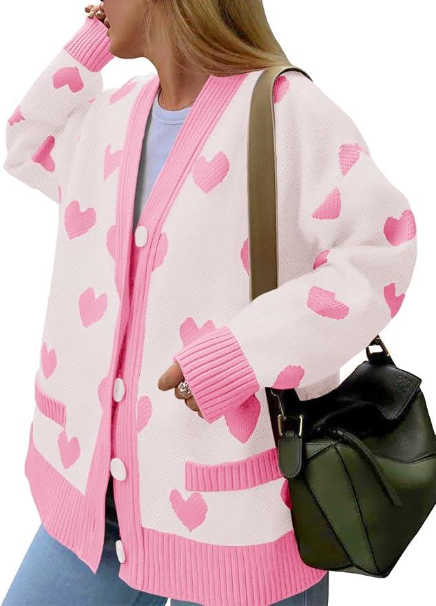 Saodimallsu Womens Oversized Heart Cardigan Color Block V Neck Button Long Sleeve Chunky Valentines Sweaters S