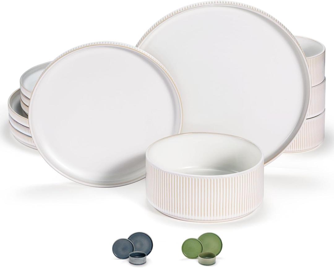Ceramic Dinnerware Set, by Vase and Vessel, 12-Piece Service for 4, 9.8” Dinner Plates, 8” Salad Plates, 20 oz Bowls, Ombre Reactive Glaze, Durable Stoneware, Microwave & Dishwasher (Powder White)