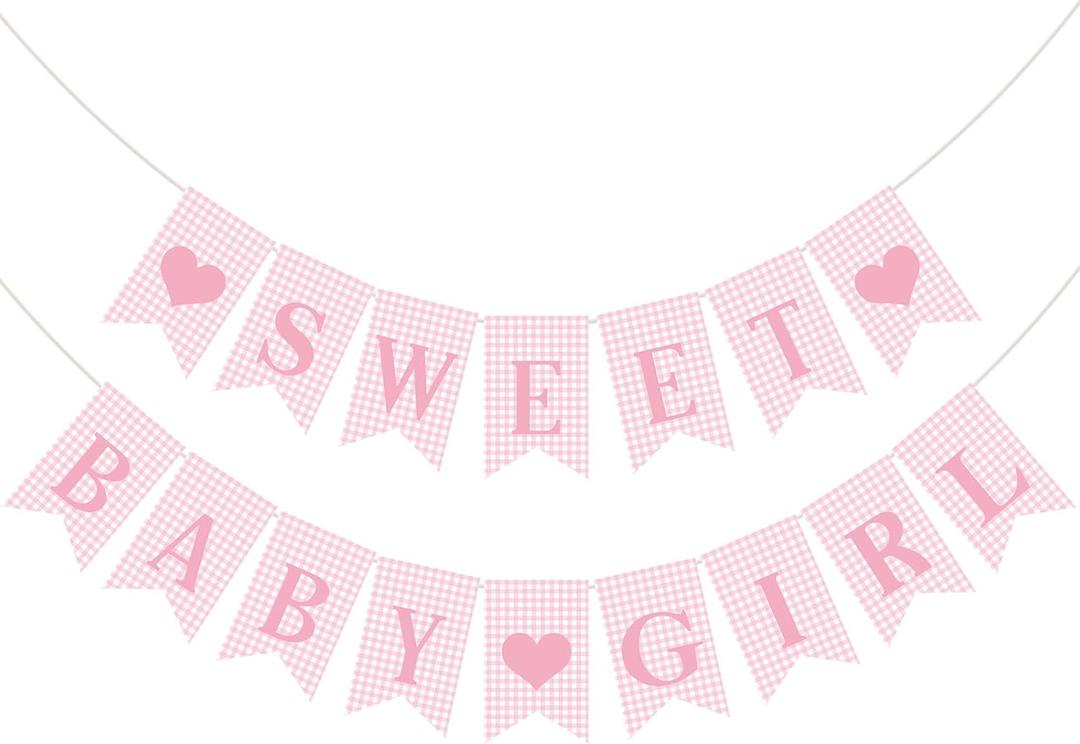 Mindsoft 2 Pcs Pre Strung Pink Gingham Sweet Baby Girl Banner Pink Girl Baby Shower Banner Decorations for Gender Reveal Party Decor Supplies Table Wall Mantel Photo Props