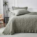 WINLIFE Khaki Ruffled Quilt Set 3pcs King 106''x98'' - Stone Washed Microfiber Crinkled Bedspread for All Season Farmhouse Style Lightweight Shabby Chic Coverlet Set with Pillow Shams