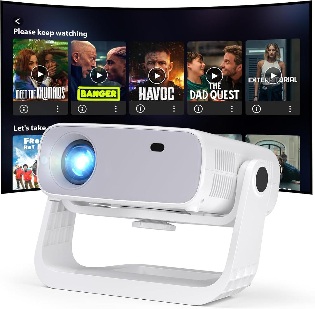 Smart Projector with WiFi 6 and Bluetooth Built-in Apps - 4K Support Portable Mini Projector Native 1080P , 2025 New Auto Keystone & Zoom Home Theater Cinema Movie Proyector, 120 Stand, Grey