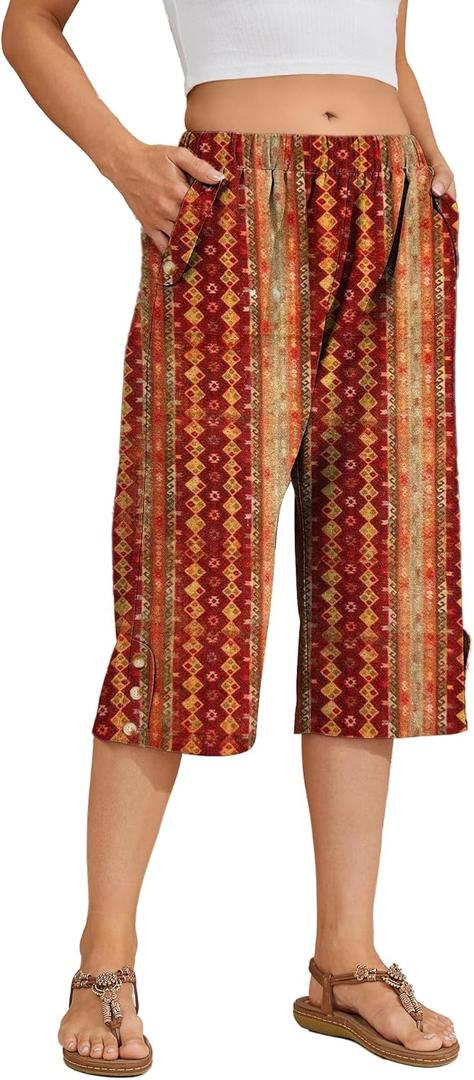 Women Summer Capri Pants Casual Wide Leg Elastic Waist Lightweight Cropped Loose Pants with Pockets (Large, Printred)