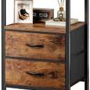 Huuger Night Stand with 2 Drawers, Bed Side Table with Open Shelf, Wooden Top, Nightstand for Bedroom, End Table for Small Space, Fabric Drawer, Rustic Brown