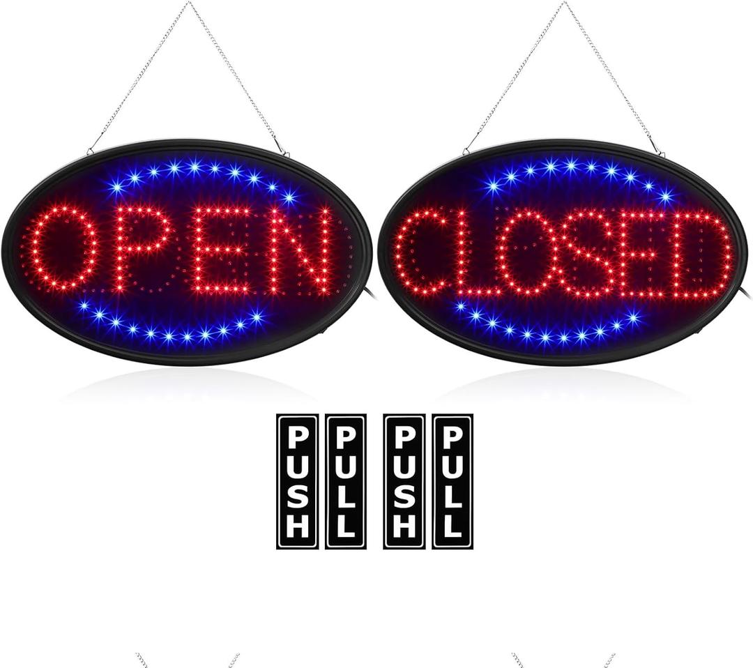 Kanayu 3 Pcs Closed Open LED Neon Sign and Push Pull Stickers Sign Set 23 x 14 Inch Open Closed Electronic Advertisement Display 5 x 2 Inch Vinyl Push Pull Vertical Decal Self Adhesive for Shop Bar