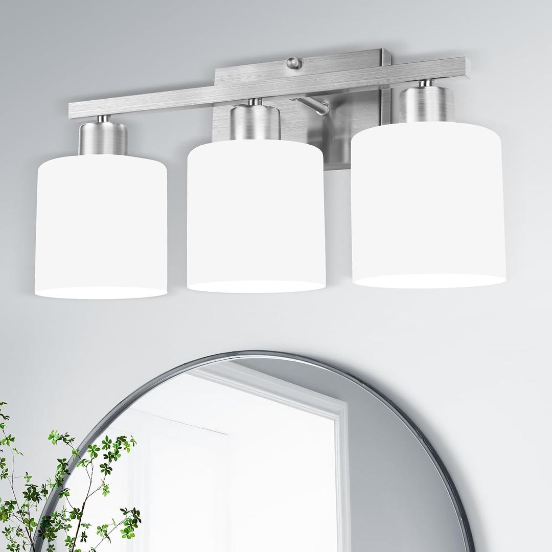SILAMPDI Bathroom Light Fixtures Brushed Nickel, 3-Light Bathroom Lights Over Mirror, Bathroom Vanity Lights for Bedroom, Living Room, Hallway, Milky White Glass Shades, E26 Base, Bulbs Not Included