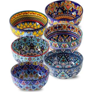 Glowworm Cereal Bowls Set of 6, 26 Oz Ceramic Soup Bowls for Kitchen, Colorful Cereal Bowls for Rice, Oatmeal, Fruit, Ice Cream, Dessert, Dishwasher & Microwave Safe, Bohemian