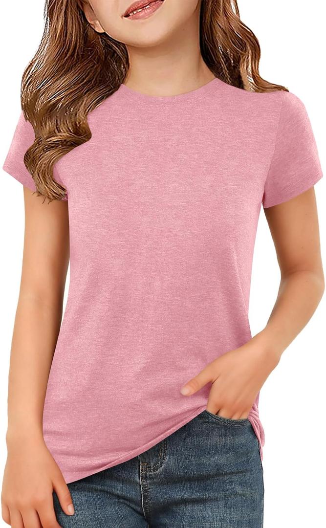 ZDC Girls Short Sleeve T Shirts Kids Summer Basic Tee Crewneck Cute Tops | Cute Tops, Solid Color, School Shirt, 5-14 Years (Pink)
