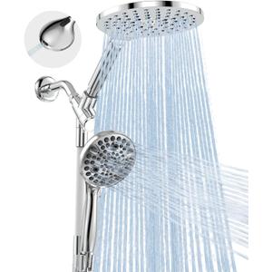 Dual Handheld Shower Head Combo, 2-in-1 Rain Shower Heads System 8 Inch Rainfall Shower Head and 10 Modes High Pressure Hand Held Showerhead with Built-in Power Wash (Chrome)