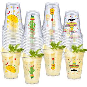 meekoo 100 Pcs 12 oz Fiesta Cup Plastic Mexican Cup Clear Disposable Margarita Glasses Cinco De Mayo Party Decorations for Tequila Birthday Party Drinkware Taco Supplies, 4 Style