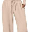 Trendy Queen Women's 2 Piece Matching Lounge Set Long Sleeve Side Ruching Top Wide Leg Drawstring Pants Set with Pockets (Large, Almond)