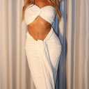 SOLY HUX Women's 2 Piece Outfits Twist Strapless Bandeau Crop Tops and Tie Front Bodycon Maxi Skirt Set (White, M)