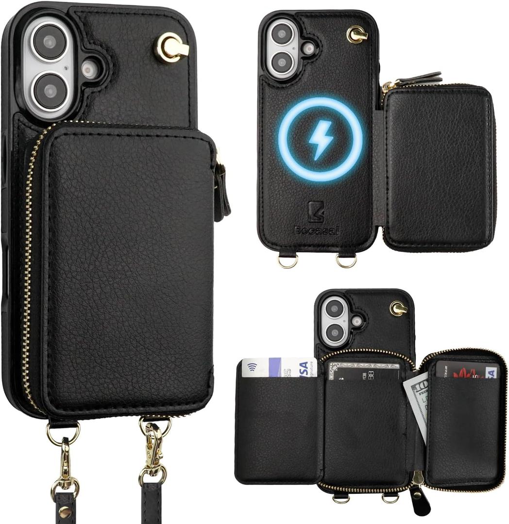 Bocasal for MagSafe Crossbody Wallet Case Compatible with iPhone 16, RFID Blocking Protective Purse Case with Card Slots Holder Kickstand Wrist Strap Lanyard Zipper 6.1 Inch 5G (Black)