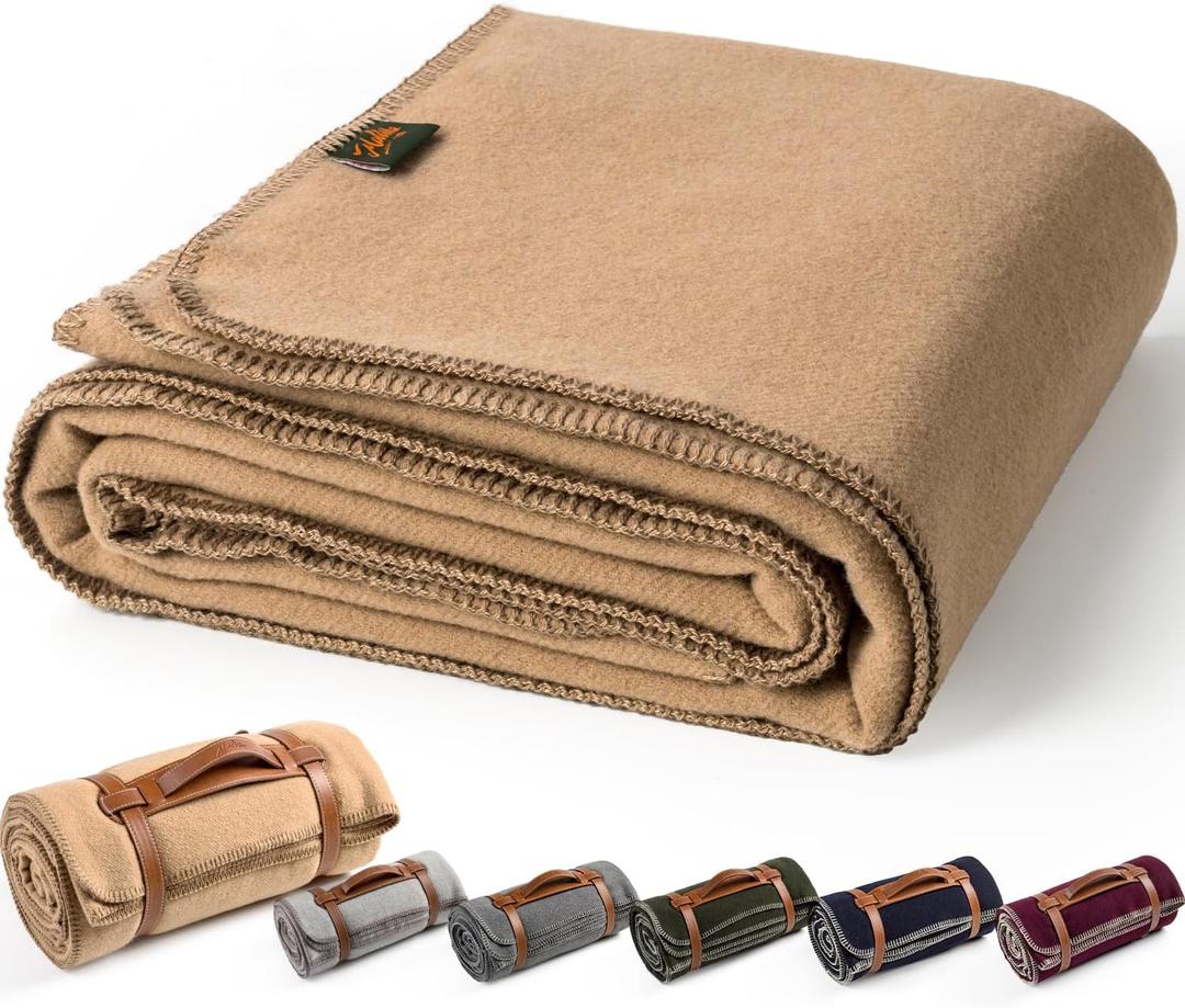 Merino Wool Blend Camping Blanket Ultra Warm, Moisture Wicking, Portable Outdoor Blanket for Camping, RV Trips, Adventures, Picnic, Bushcraft Survival Kits, Large 86"x62" (Camel)