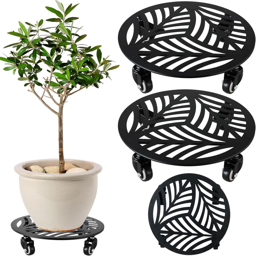 2 Packs Large Metal Plant Caddy with Wheels 14 Heavy-Duty Wrought Iron Rolling Plant Stands with Casters Indoor and Outdoor Plant Pot Roller Base Plant Saucer Movers Black