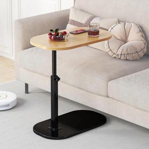 C Shaped Side Table, Adjustable Height C Shaped End Table, 360°Swivel Couch Side Tables That Slide Under, Modern Small Coffee C Table End Table for Sofa/Bed/Bathtub, Rotating Tabletop (Wood), 18"L x 12"W x 18-31"H