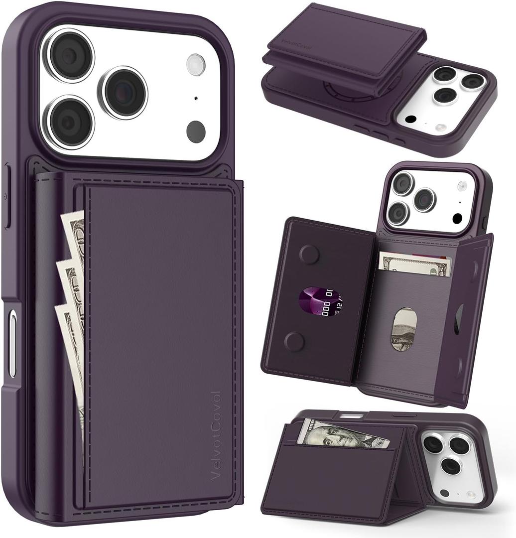 Compatible with Magsafe 2 in 1 Detachable iPhone 17 Pro Max Wallet Case with Card Holder, Women Men 4 Credit Card Slots Magnetic PU Leather RFID Blocking Flip Kickstand, for Apple 17 Pro Max, Purple