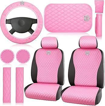 Tallew 14 Pcs Pink Car Accessories Set Leather Diamond Seat Cover Steering Wheel Cover with Center Console Pad Cup Holders Gear Protection for Women Car Interior Decor(Front Set)