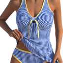 MODLILY Contrast Binding Tankini Swimsuits for Women, Two Piece Cute Bathing Suits, Bowknot Top with Mid Rise Briefs, L