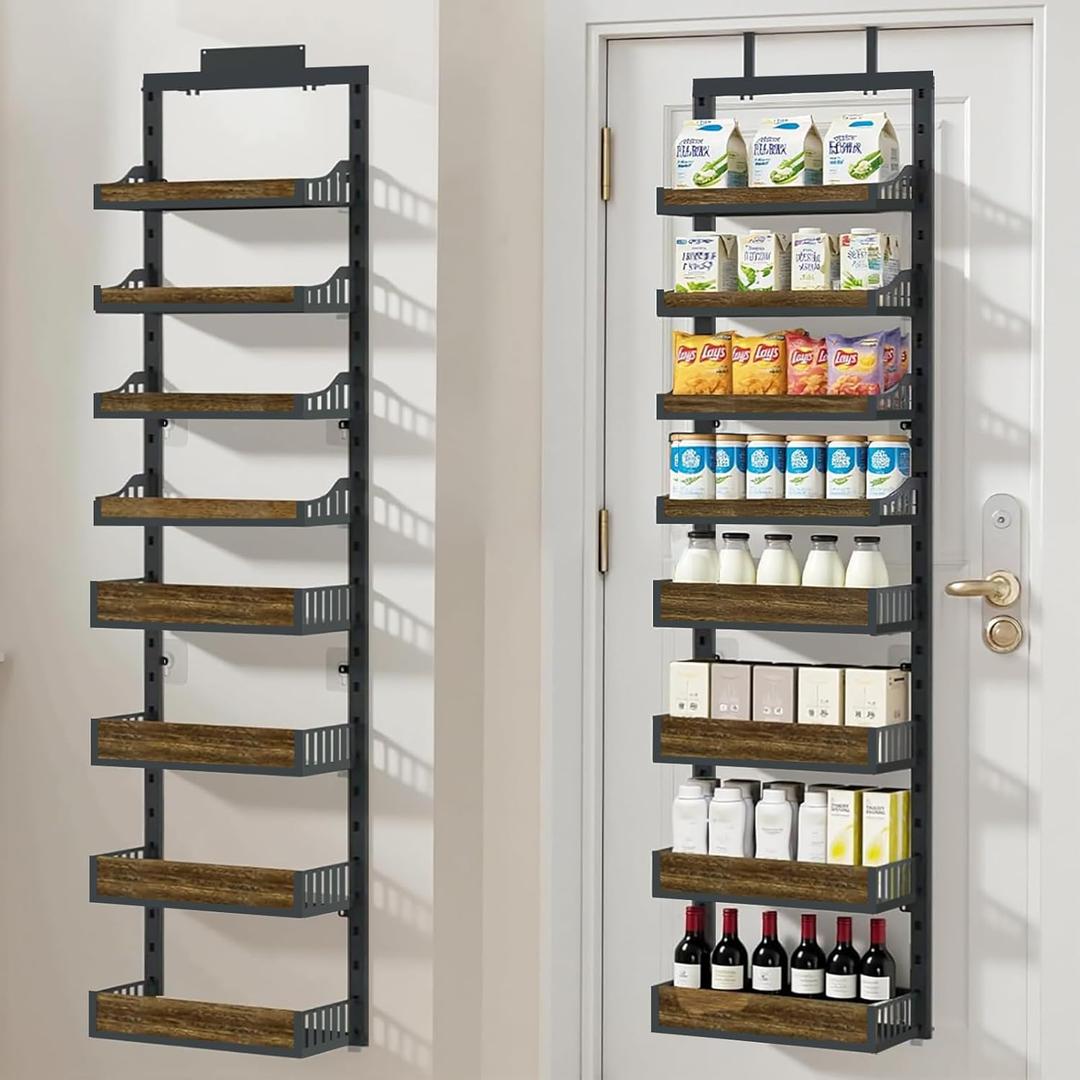 Over the Door Pantry Organizer, 8-Tier Door Organizer Storage, Spice Rack with Adjustable Baskets, 2 in 1 Wall Mount or Hanging Heavy Duty Door Organizer for Kitchen Storage Metal Hanging,Black