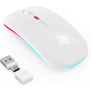 LED Bluetooth Mouse for Laptop/iPad/MacBook Air, USB-C Rechargeable Silent Wireless Mouse, Built-in Mouse Jiggler, 4-Mode Multi-Device Mouse for macOS/iOS/Windows/Android, White