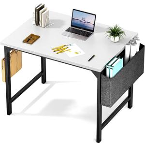 Sweetcrispy Computer Desk - 32 Inch Small Office Writing Work Study Kids Student Teacher Home Bedroom Table Storage Bag Headphone Hooks & no Wheels - White