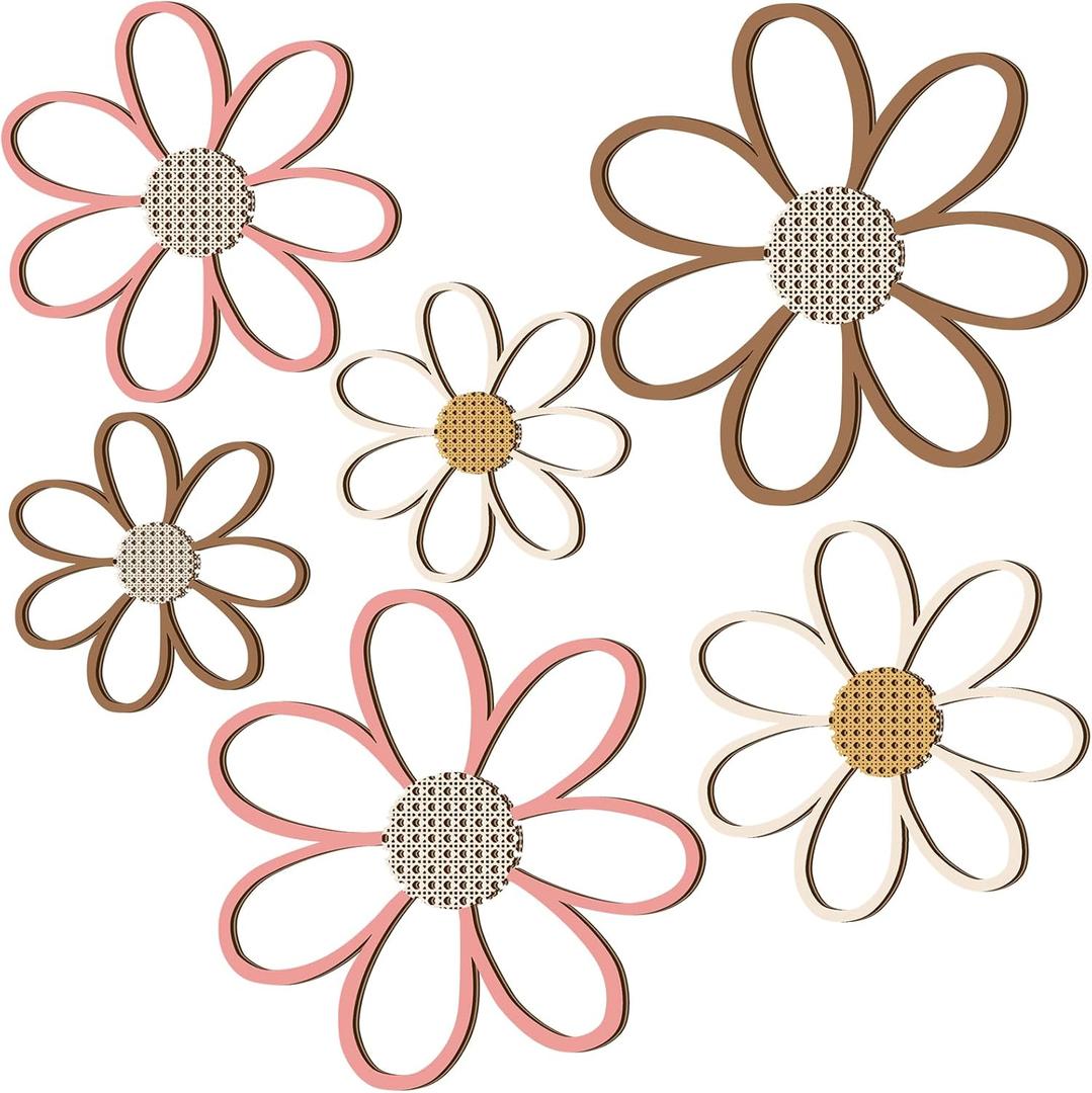 Thyle 6 Pcs Daisy Wall Decor Wooden Daisy Wall Sculptures Art Flowers Signs Hanging Plaque for Home Nursery Bedroom Farmhouse Bathroom Decorations Housewarming Gifts(Warm Color)