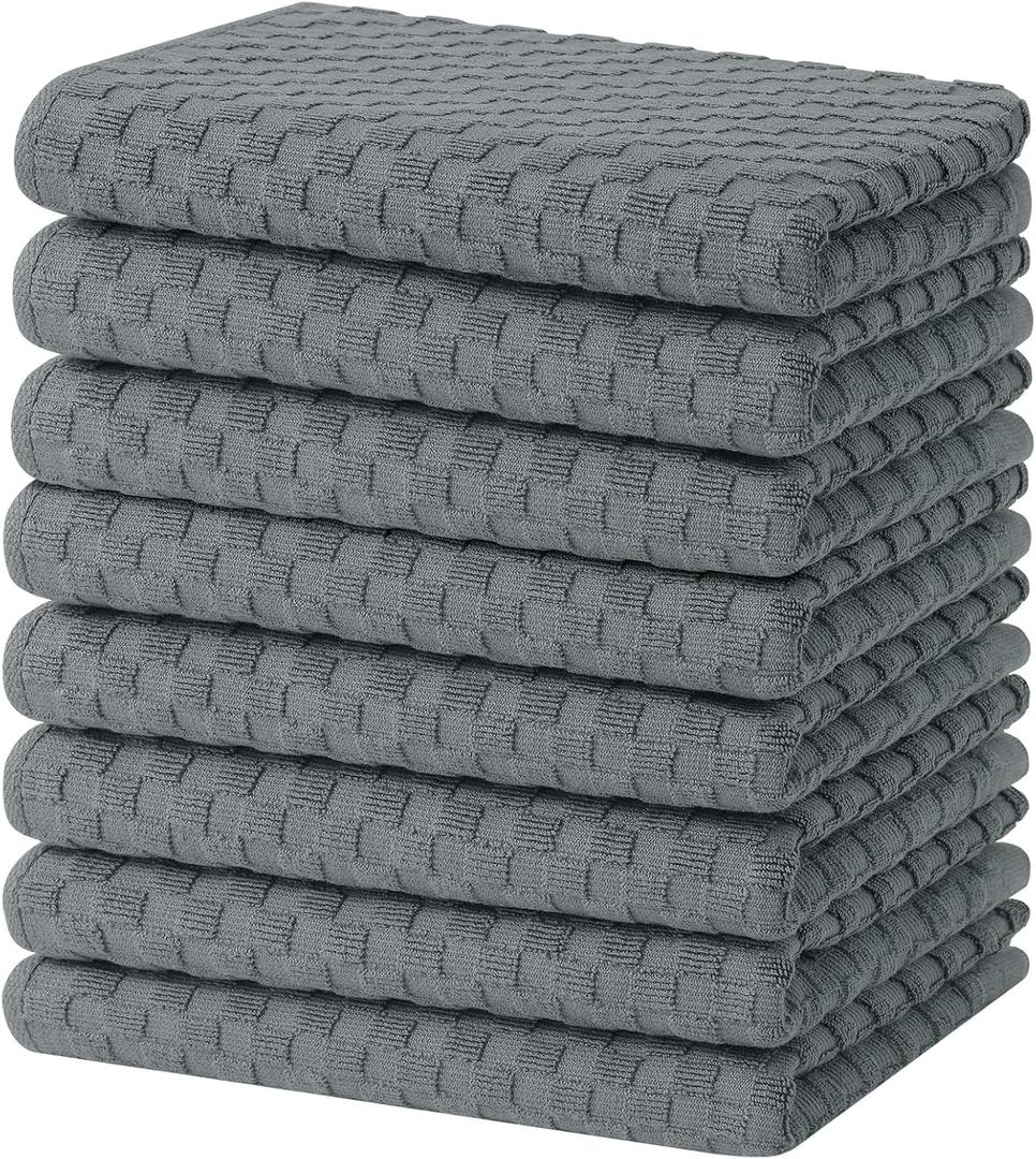 Homaxy 100% Cotton Terry Kitchen Towels(15" x 25", 8 Pack), Soft and Super Absorbent Dish Towels, 380 GSM Reusable Tea Towel with Hanging Loop, Pineapple Grid Designed, Dark Grey