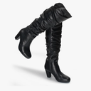 Hawkwell Women's Black White Fall Winter Chunky High-heel Side Zip Knee High Boots Size 6 1/2