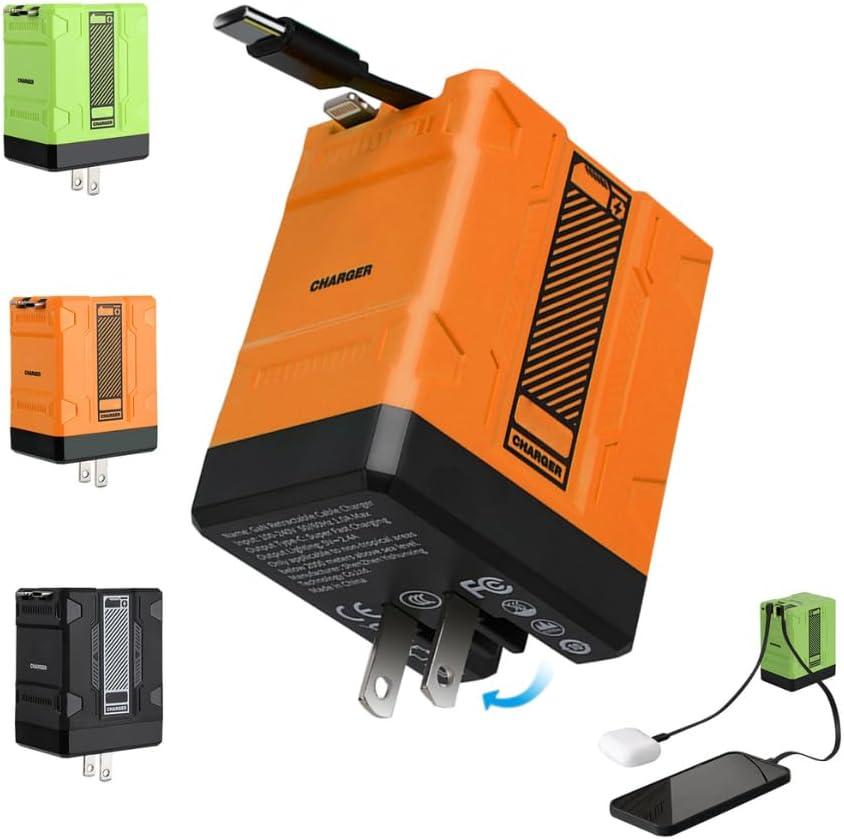 2 in 1 Compatible with 120w Fast Charger, 2025 New Retractable Wall Fast Charger Module, Portablecharger with All in 1 Foldable Plug,for Phone, Tablet, Laptops(Orange)