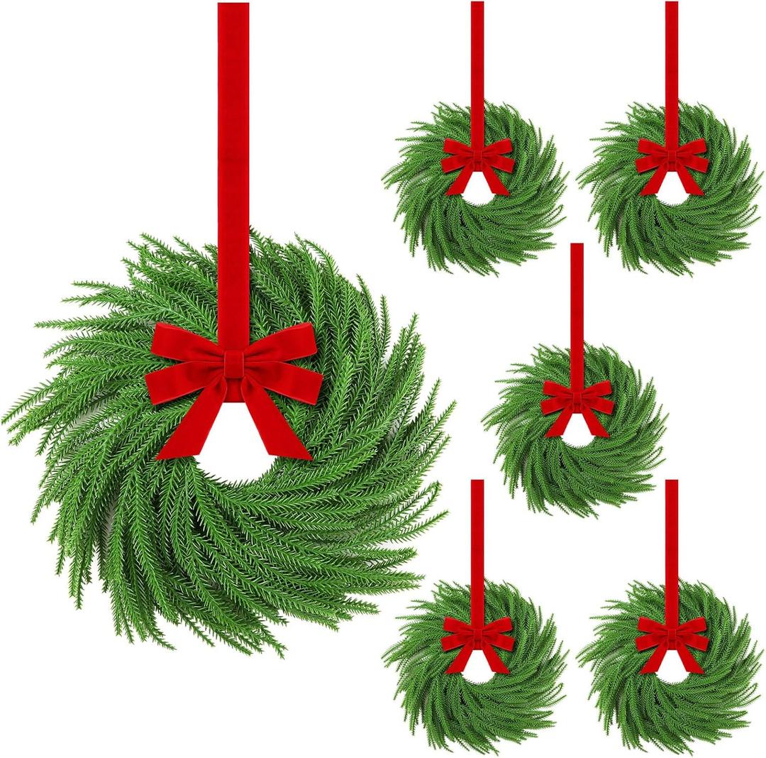 Hotop 6 Set Mini Christmas Wreath for Cabinet Kitchen Windows Decors Bulk with Red Bow Small Artificial Norfolk Farmhouse Wreaths with Berry Pine Cone for Fireplace Front Door Porch Wall Hanging