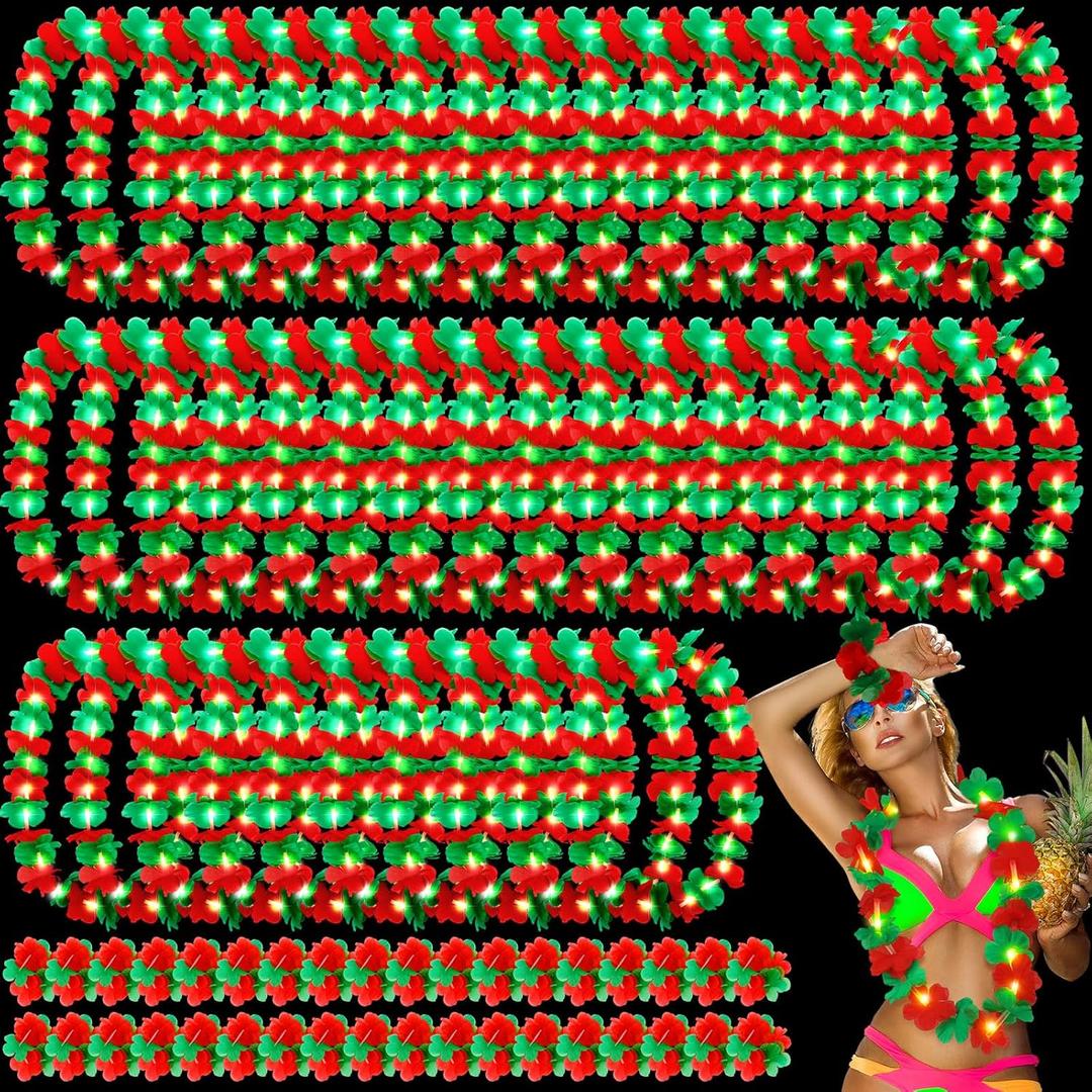 Riceshoot Hawaiian Christmas in July Leis for Luau Party Decorations Light up Leis Necklace and Wristband Red Green Flower for Christmas Hawaiian Tropical Holiday Luau Party