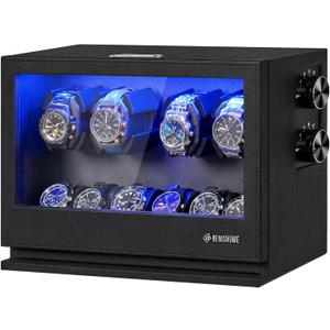 BEWISHOME Watch Winders for Automatic Watches, 4 Watch Winder and 6 Watch Display Case with Led Light 4 Modes, Automatic Watch Winder Box with Japanese Quiet Motor USB-C Adapter, Black SYQ04B