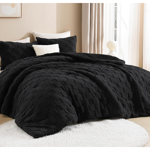 Litanika Fluffy Queen Size Comforter Set Black, 3 Pieces Warm Sherpa Fleece Winter Bedding Set, Jacquard Checkered Plush Fuzzy Blanket Bed Set(1 Comforter, 2 Pillowcases)