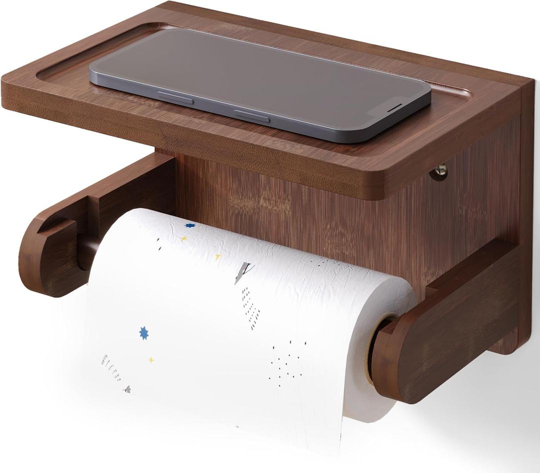 Toilet Paper Holder with Phone Shelf,Bamboo Wall Mounted Tissue Roll Holder for Bathroom (Brown) (1 PC)