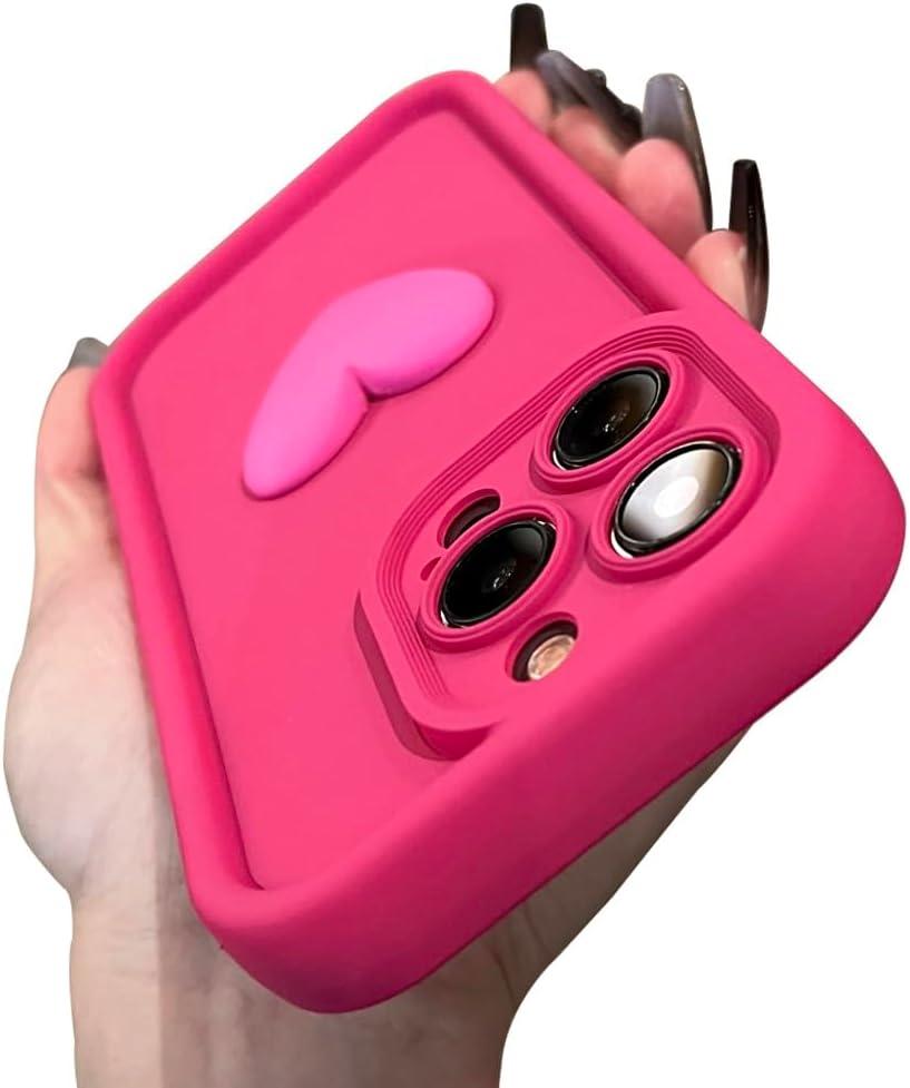 Love Heart Cute 3D Shockproof Thick Soft Silicone Case for Women Girls Compatible with iPhone Case (Pink,iPhone 16 Pro)