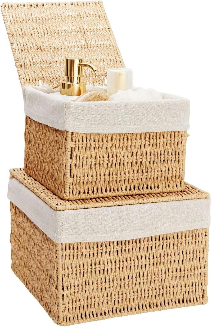Juvale Wicker Storage Bins with Lids and Insert - Set of 2, 10 x 10 x 7 in & 8 x 8 x 6 in, Brown - Rectangular Lined Baskets with Lids & Insert for Organization