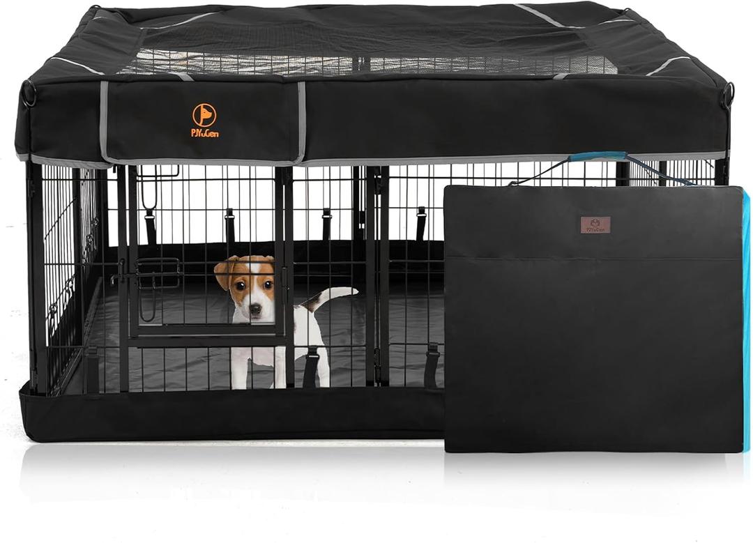 PJYuCien Dog Playpen Outdoor Plus Storage Bag, 24" H 8 Panels Puppy Pen with Square Bottom & Top Cover, Heavy Duty Dog Fence for Camping